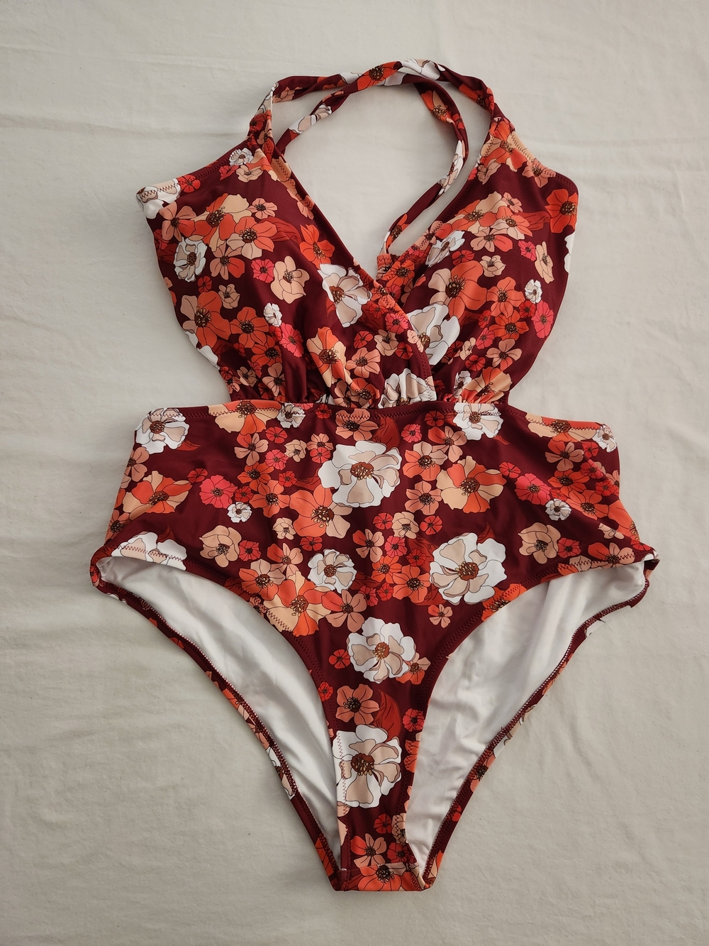 CUPSHE 2X Floral Cutout One Piece Swimsuit Burgundy Orange